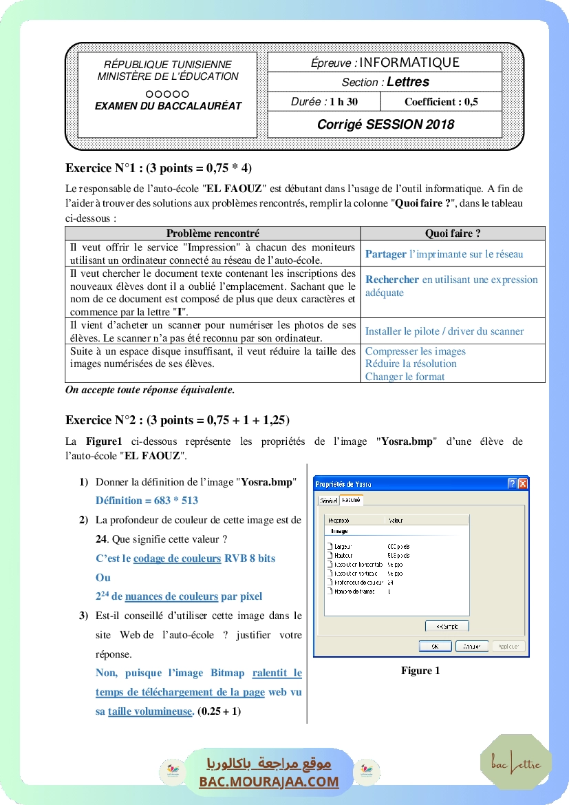Corrigé principale info Bac 2018 – Section lettre